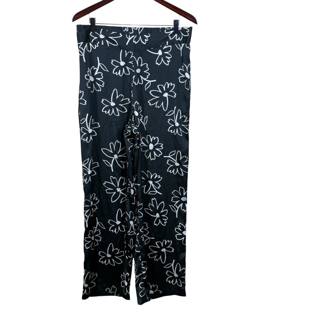 JDY Womens XL Black Floral Print Silky Wide Leg Trouser Elastic Waist